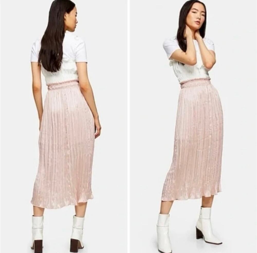 Topshop Light Pink Plisse Satin Midi Skirt Elastic Waist Size 6 NWOT Pleated